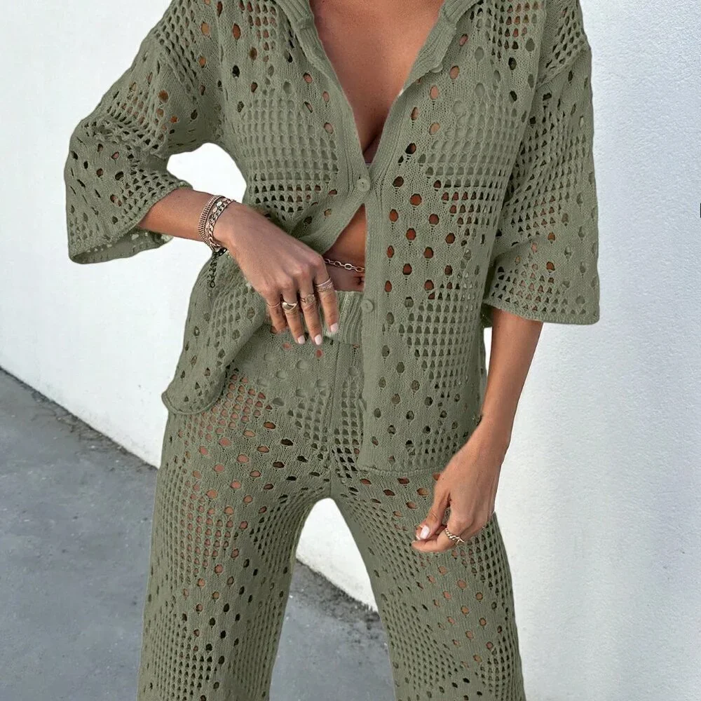 Olive Green Women's Set Rhombus Crochet Loose Batwing Cover Up And Loose Pants